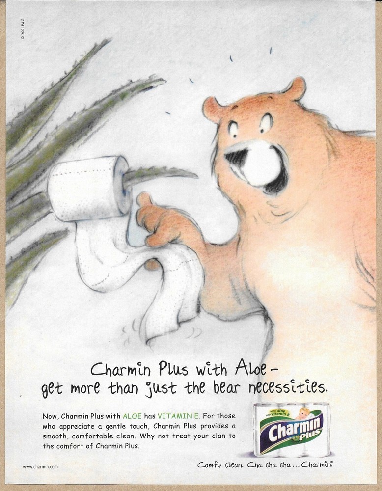 Charmin Plus Toilet Paper 2002 Vintage Print Ad Aloe Bear Mascot Bathroom Art