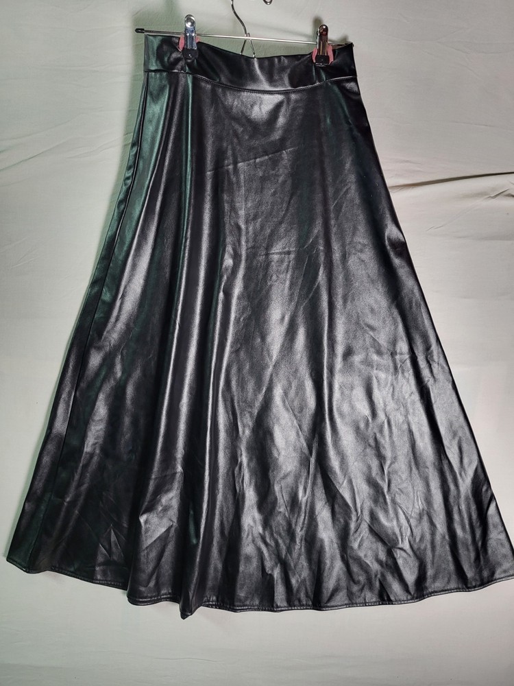 Kate Kasin Vegan Leather Skirt Small Black Pleated Midi Flared High Waist Chic