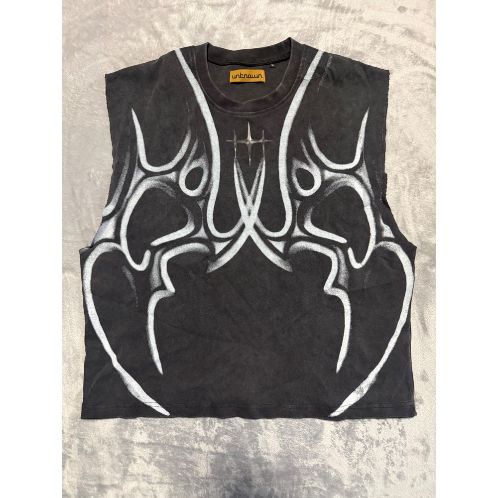 Unknown London Muscle Tee Mens L Black Tribal Graphic Y2K Streetwear Tank Top