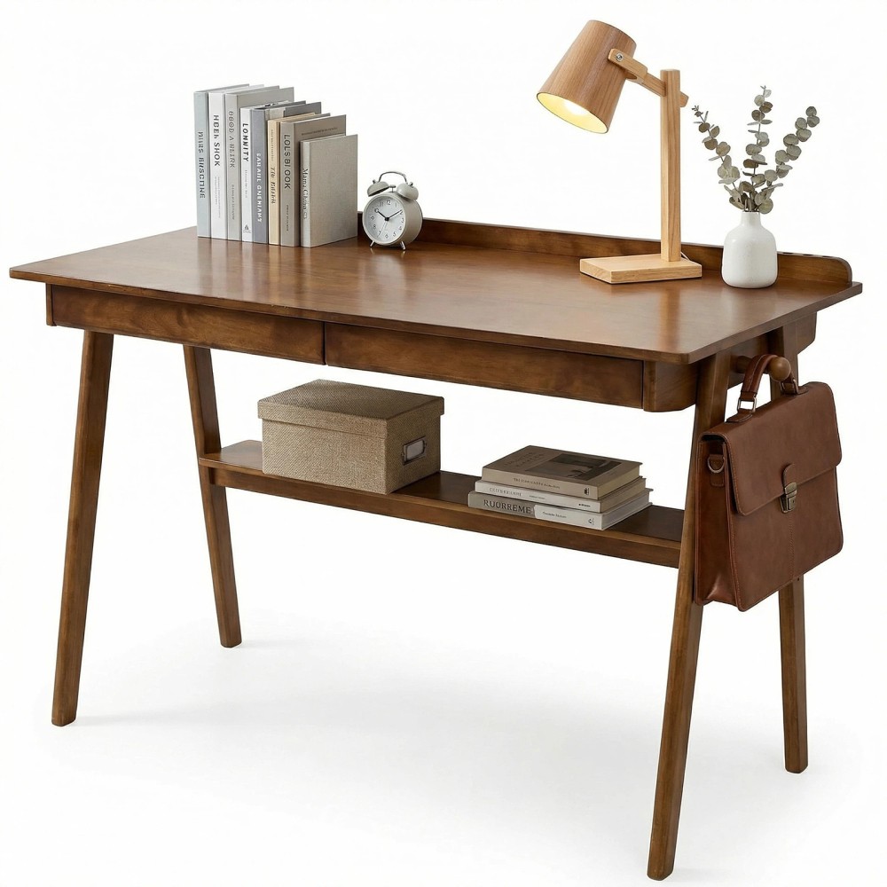 Solid Wood Writing Desk Mid Century Home Office Desk with 2 Drawers Storage