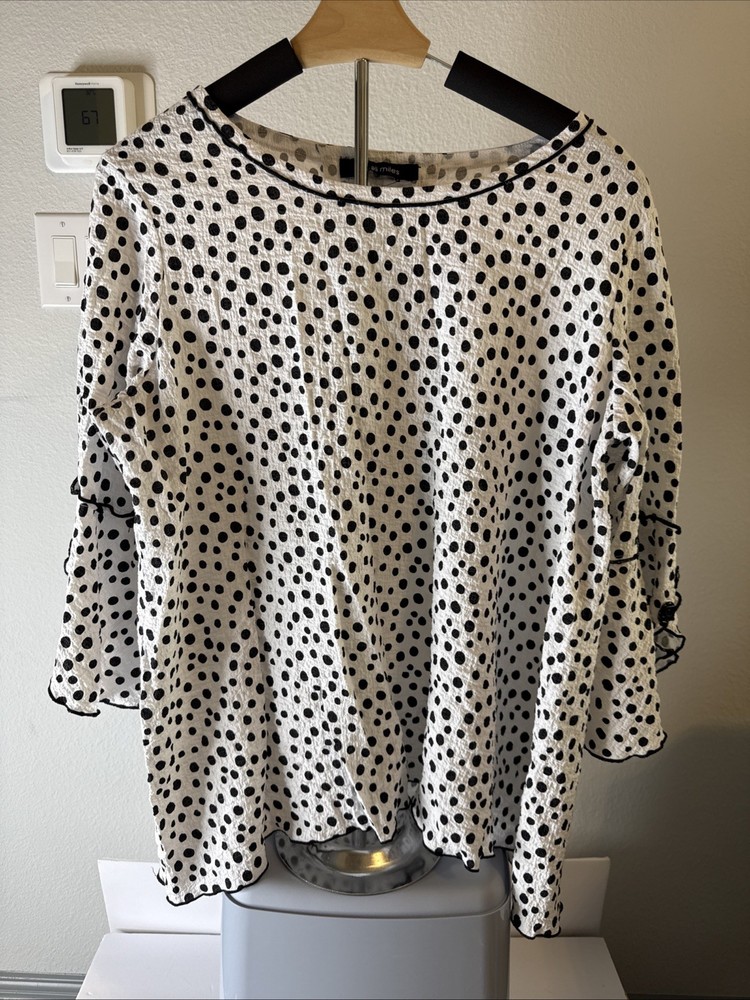 Ali Miles Women’s Tunic Top Flutter Sleeve Black & White Polka Dot Size 2XL