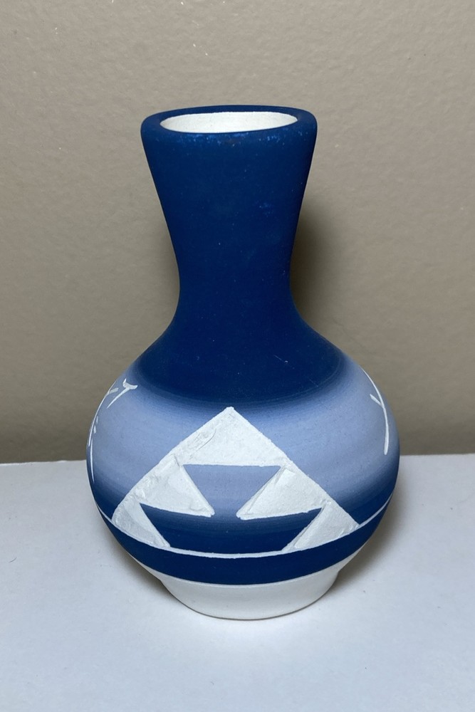 Native American Pottery Vase Blue White Signed