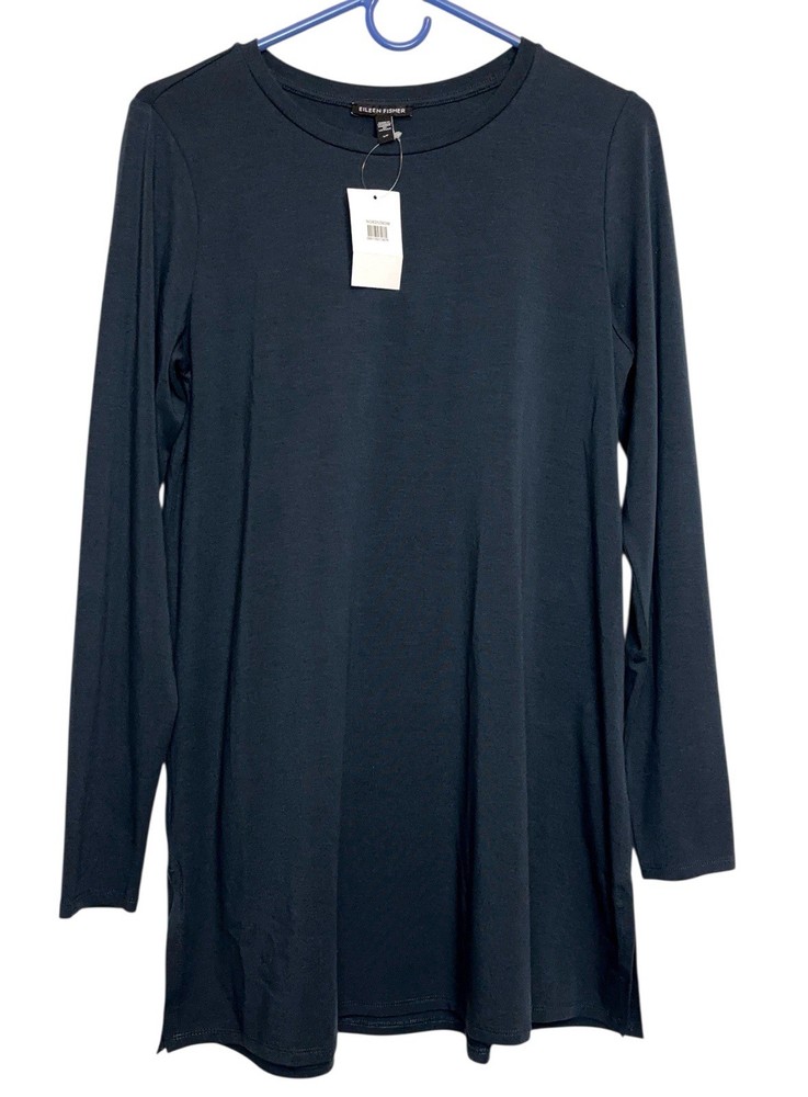 Eileen Fisher Deep Adriatic Tencel Crewneck Stretch Jersey Knit Tunic Top Slit S
