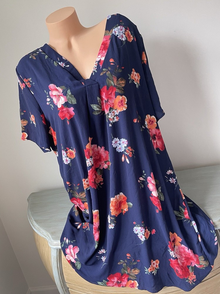 Entro Tunic Shift Dress 2X 2xL Navy Blue Boho Floral Long Split Side Sleeve