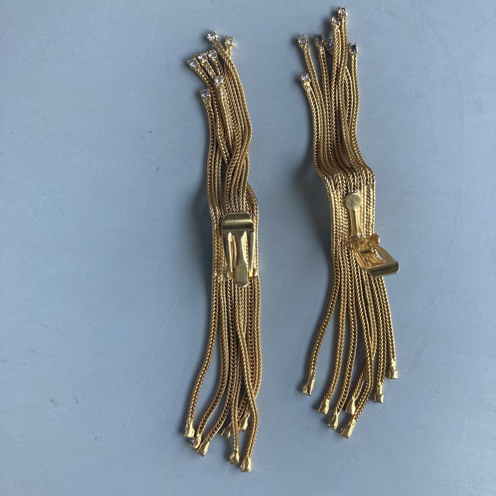 Vintage, signed pp, Gold Tone Mesh Waterfall Dangle rhinestone Clip Earrings