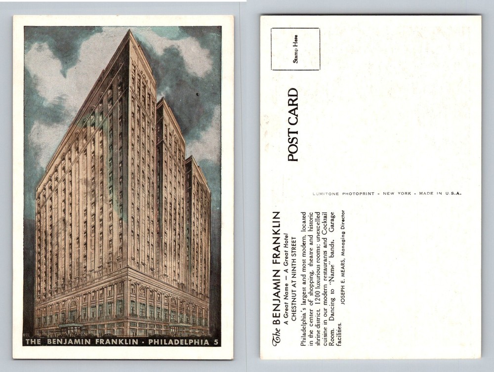 Philadelphia PA-Pennsylvania Benjamin Franklin Hotel Tower View Vintage Postcard