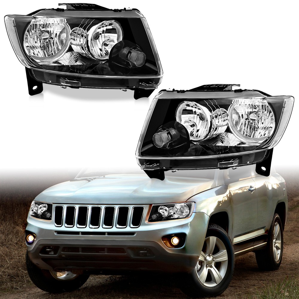 Pair Headlights For 2011-2013 Jeep Grand Cherokee 11-17 Compass Halogen Headlamp