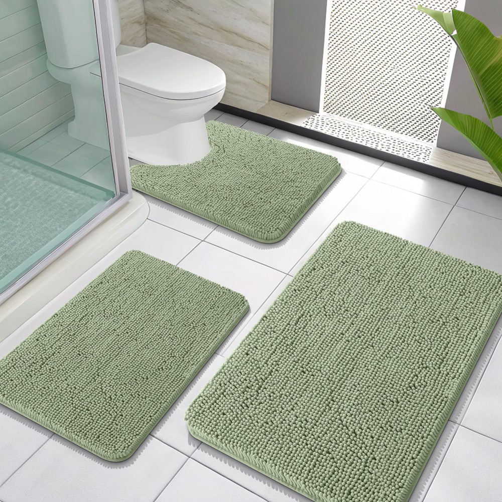 Soft Absorbent 3-Piece Chenille Bathroom Rug Set with U-Shaped Toilet Mat