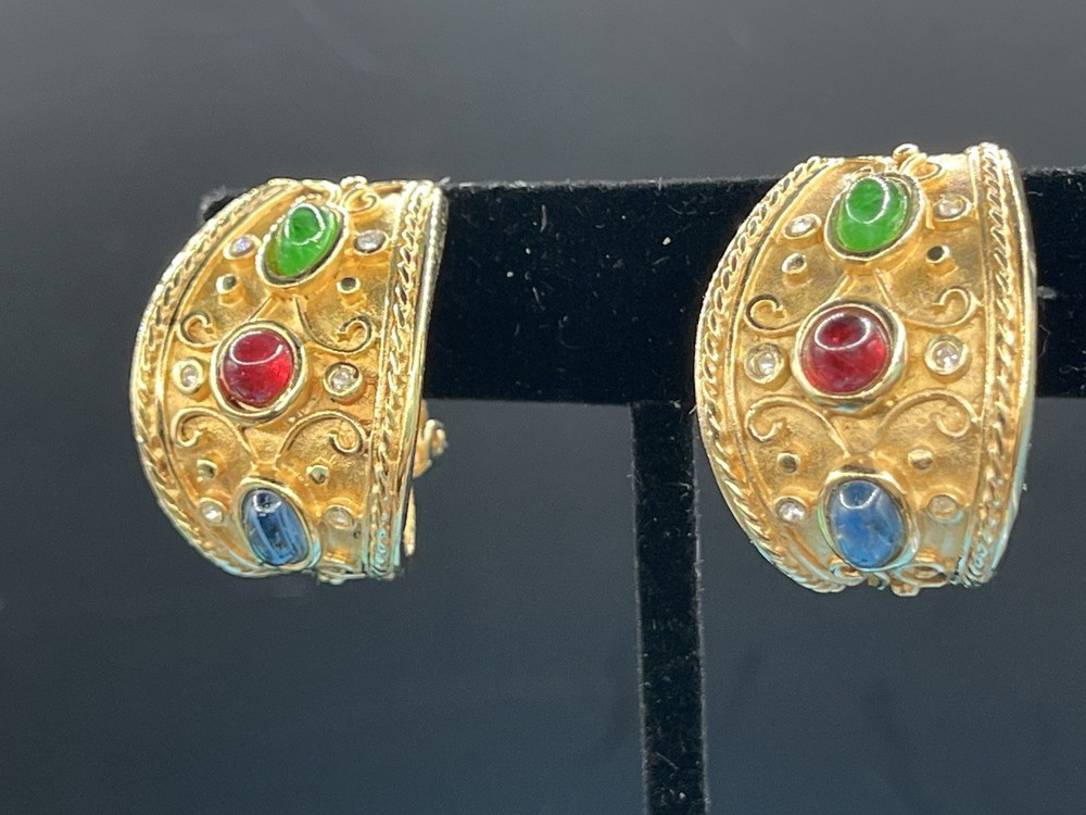 VTG. 80’s Byzantine Mogul Gripoix Runway Cabochon Gold Tone Rhinestone Earrings