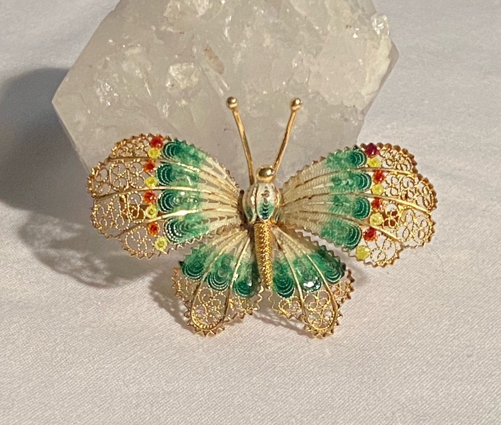 Sterling Silver 925 Filigree & Green Enamel BUTTERFLY Brooch or Pin