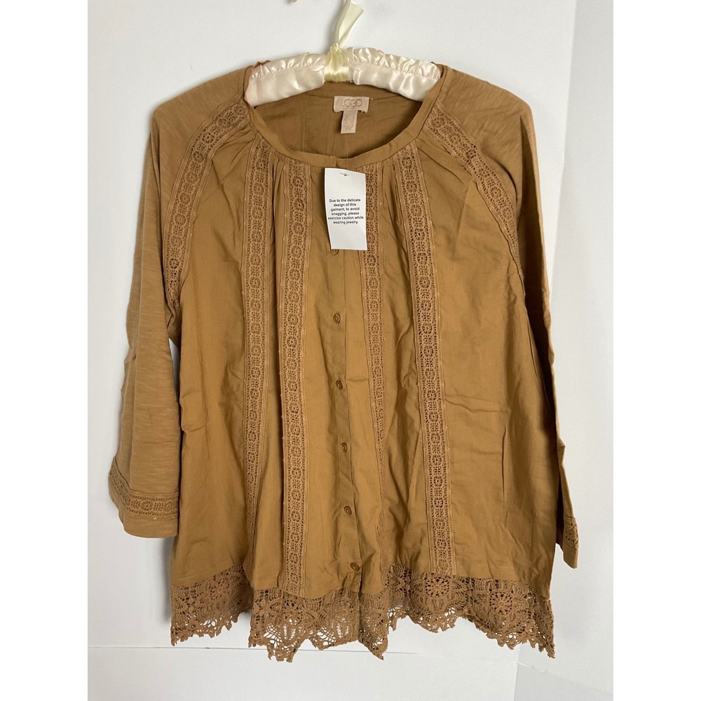 LOGO by Lori Goldstein Womens Latte Brown Crochet Lace Cotton Top A641689 Size L