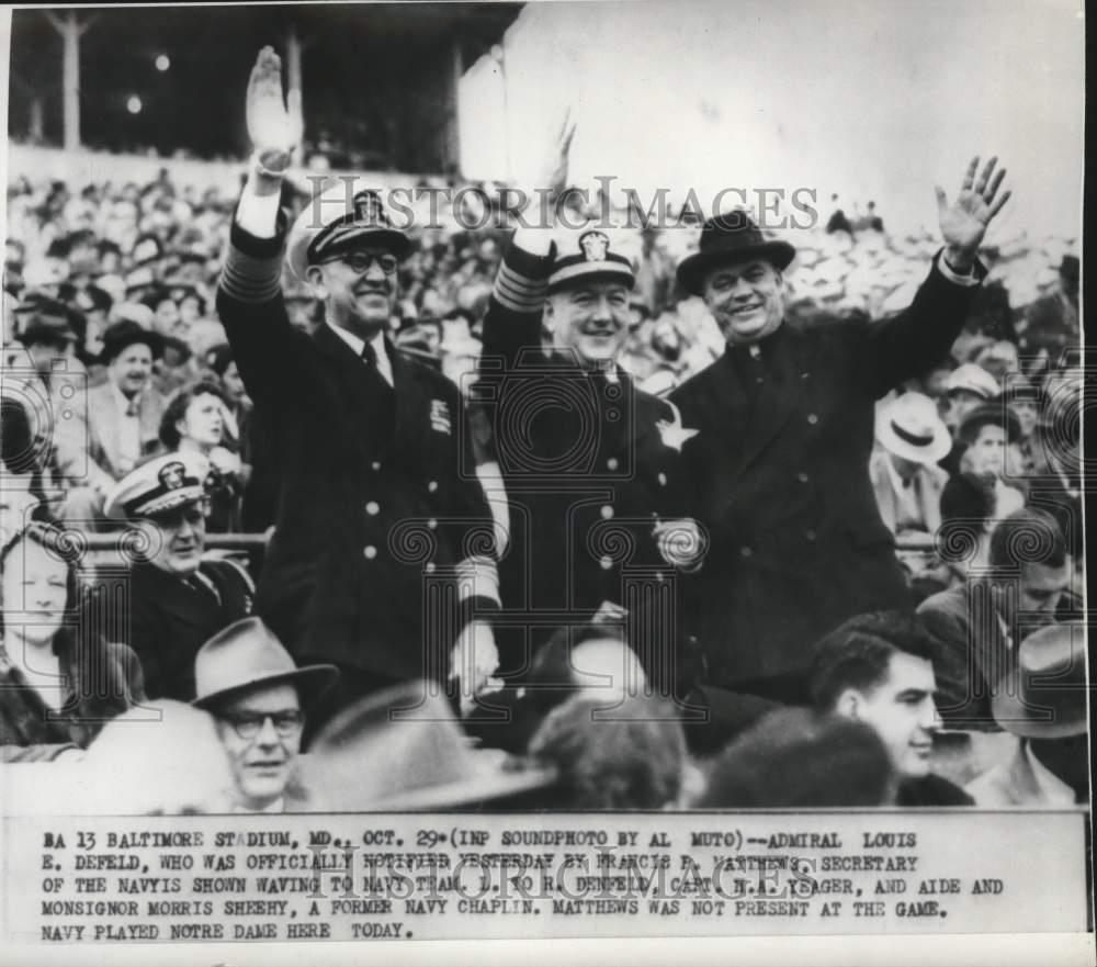 1949 Press Photo Louis Denfeld, N. Yeager, Morris Sheehy attend Navy game in MD