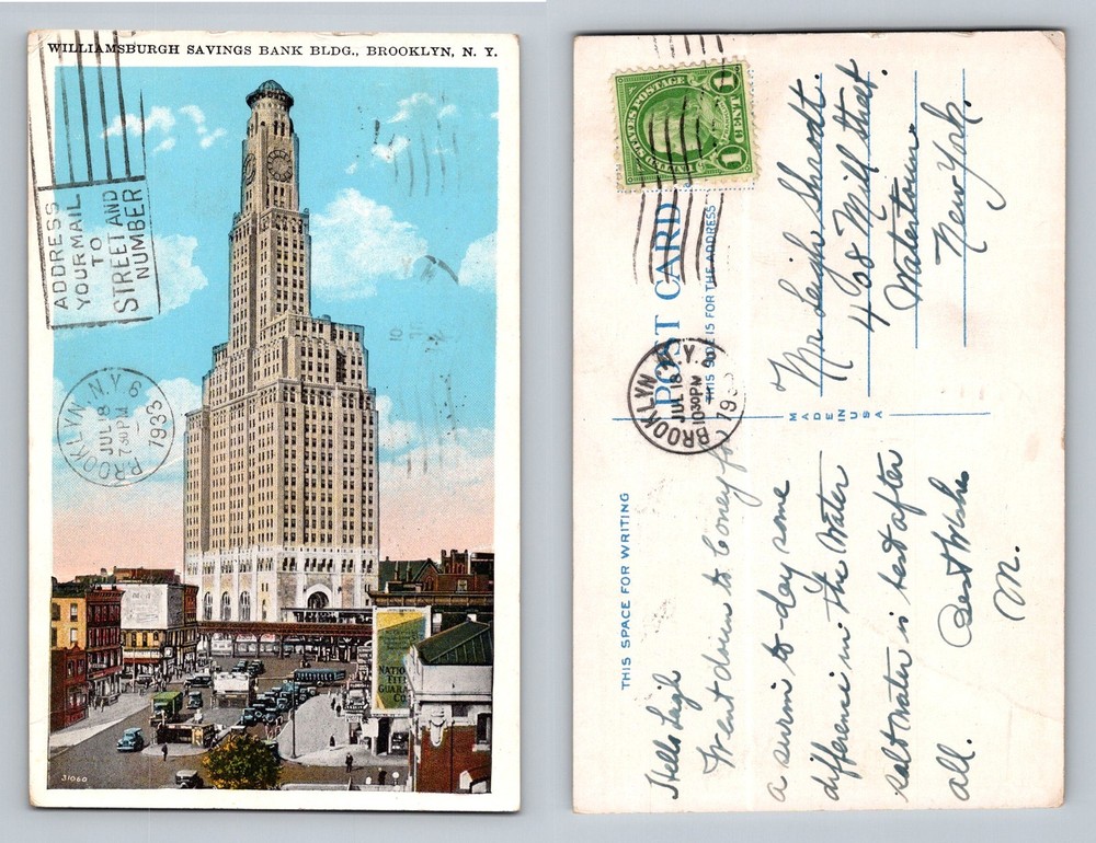Brooklyn, NY-New York, Williamsburgh Savings Bank Tower Vintage c1933 Postcard