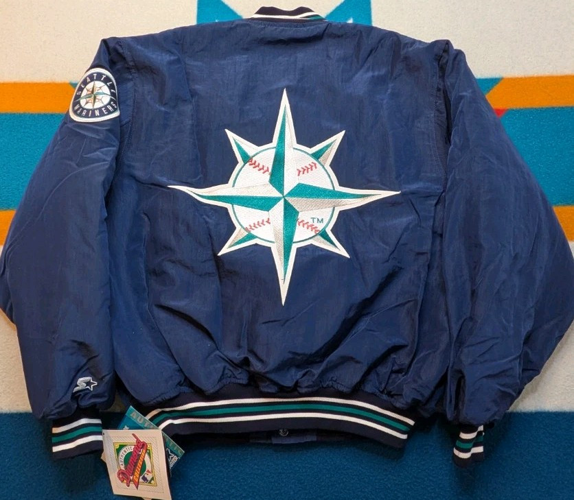 NWT Vintage Seattle Mariners Satin Bomber Starter Jacket Made In USA NEW Blue XL