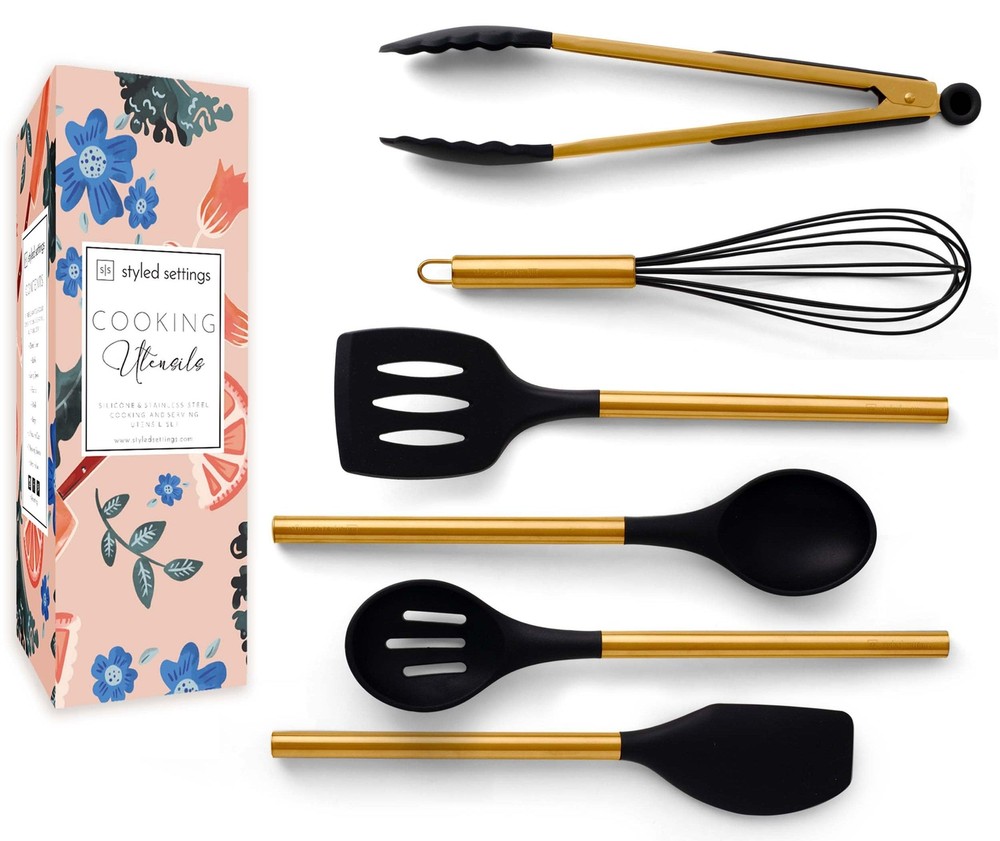 Black and Gold Kitchen Utensils Set 6PC Black Silicone Utensils Set Includes:...