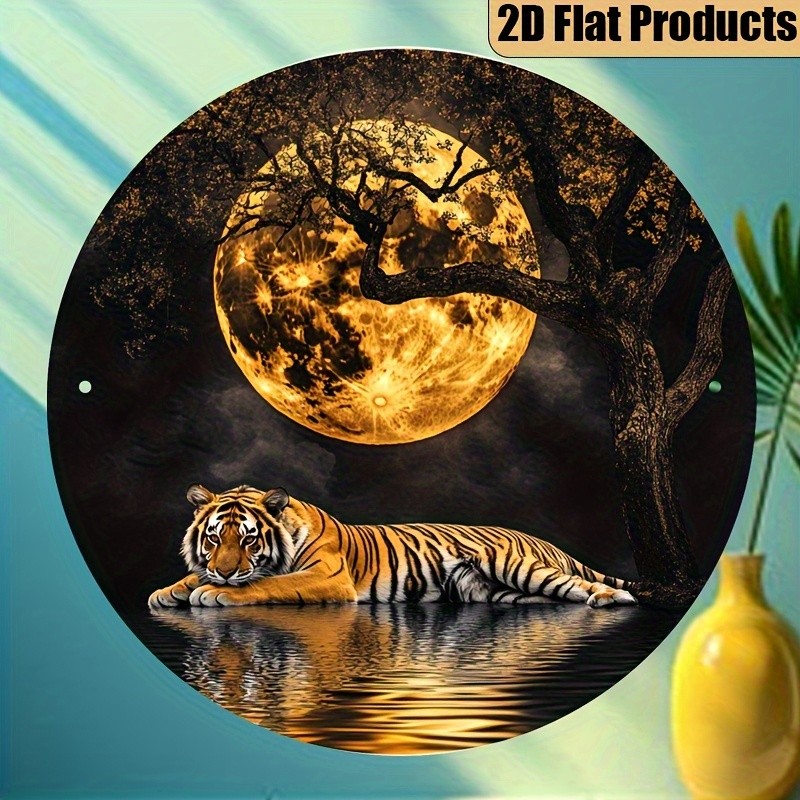 Modern Geometric Moonlight Tiger Wall Art Round Aluminum 7.87inch