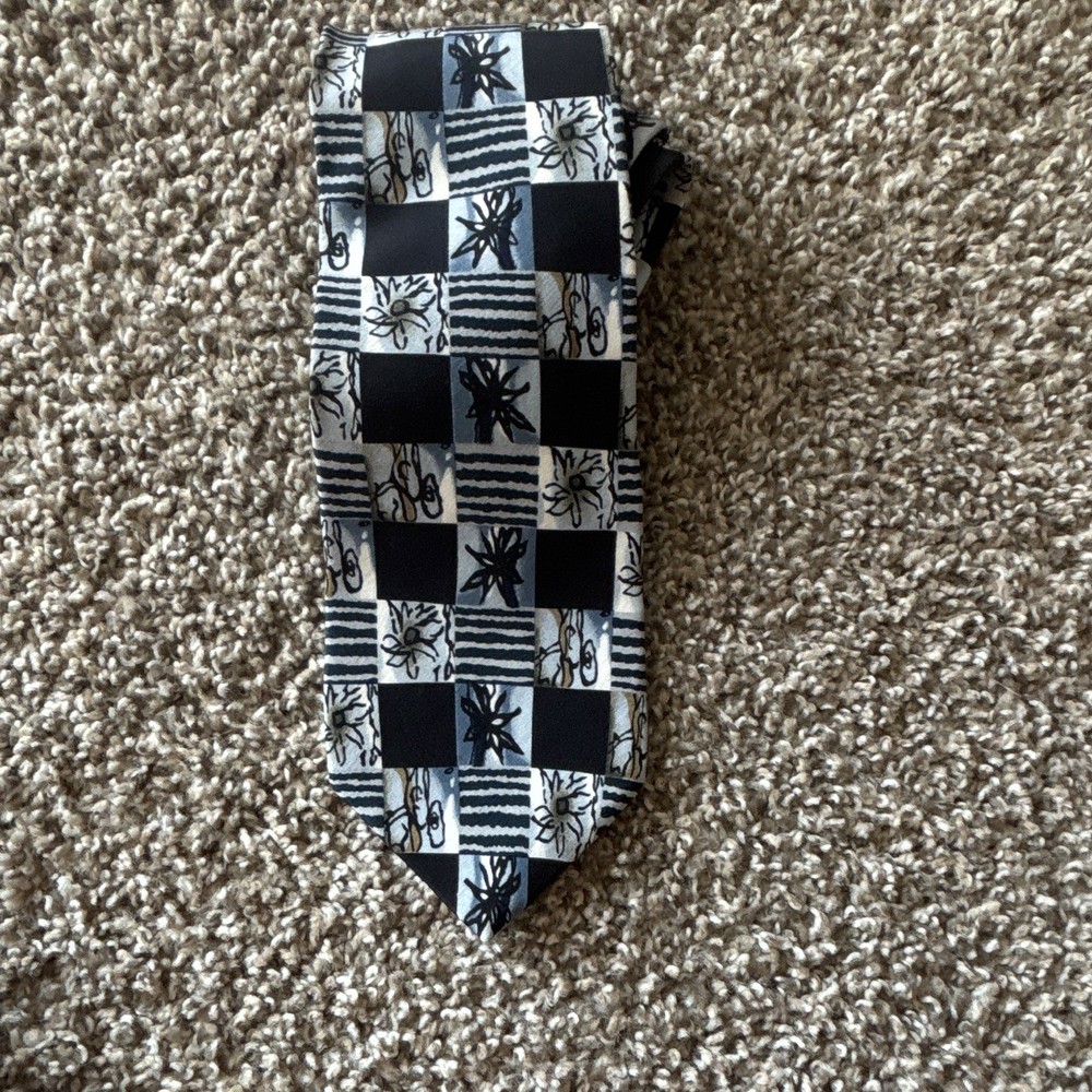 J. Garcia Men's Woven Silk Tie Black White Blue Geometric Abstract One Size