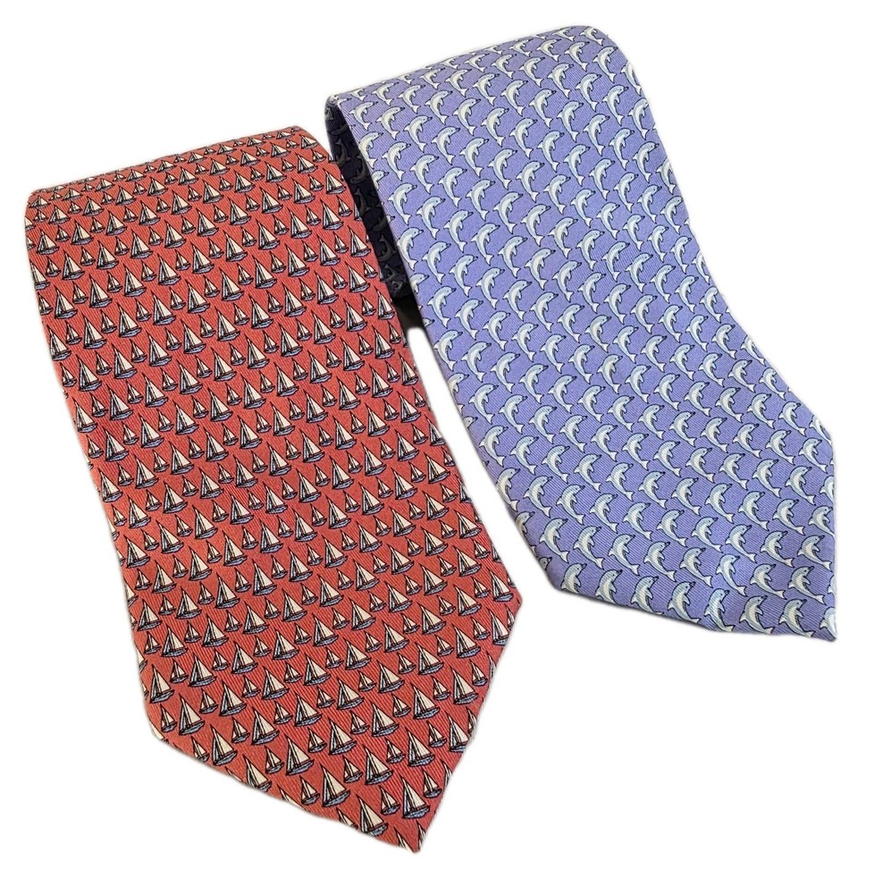 Lot of 2 Silk Vineyard Vines Ties Martha’s Vineyard Shep & Ian Sailboat Dolphins