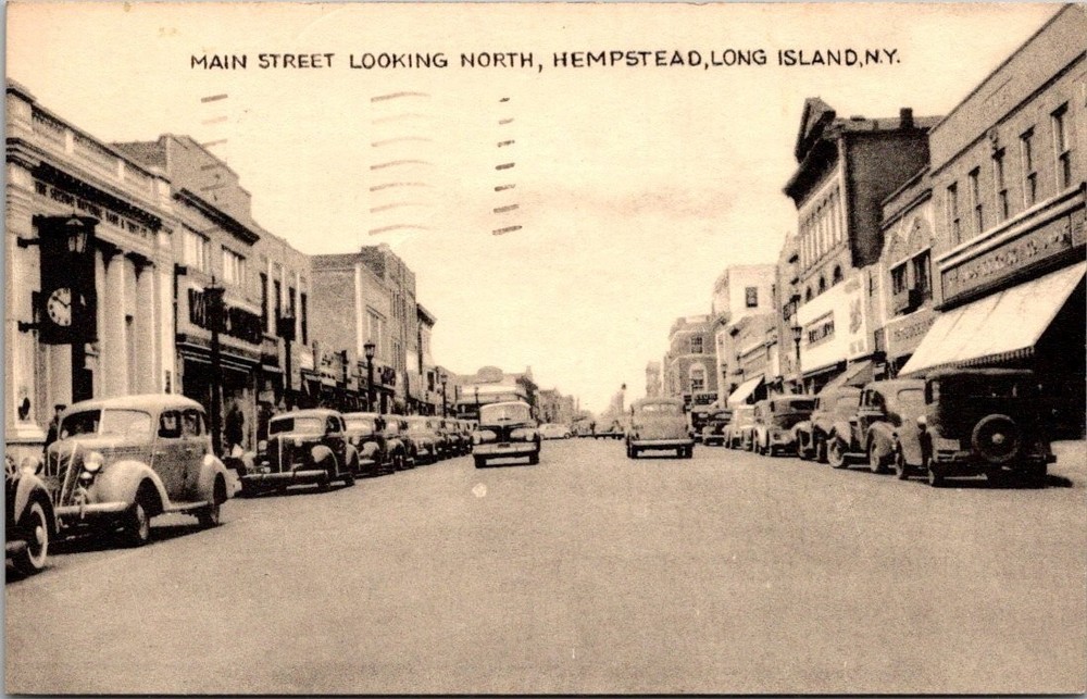 Hempstead Long Island NY Main Street 1949 Postcard Vintage Cars Tomlin Art