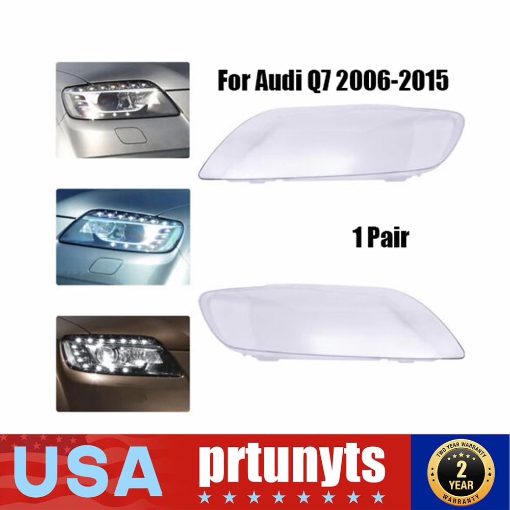 Pair For 2006-2015 Audi Q7 Headlights Headlamps Lens Cover Left+Right Waterproof