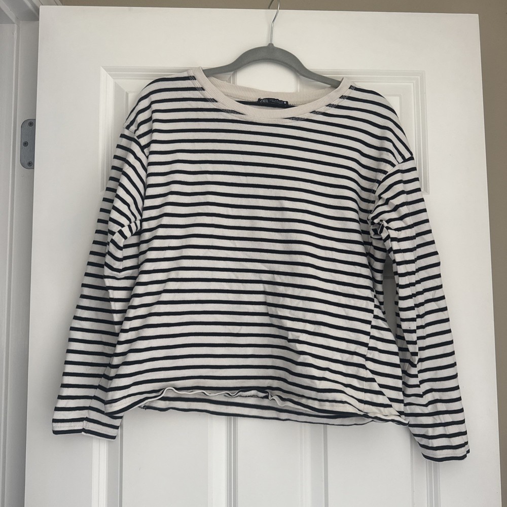 ZARA White Blue Striped Long Sleeve Knit Crew Neck T-Shirt Women M
