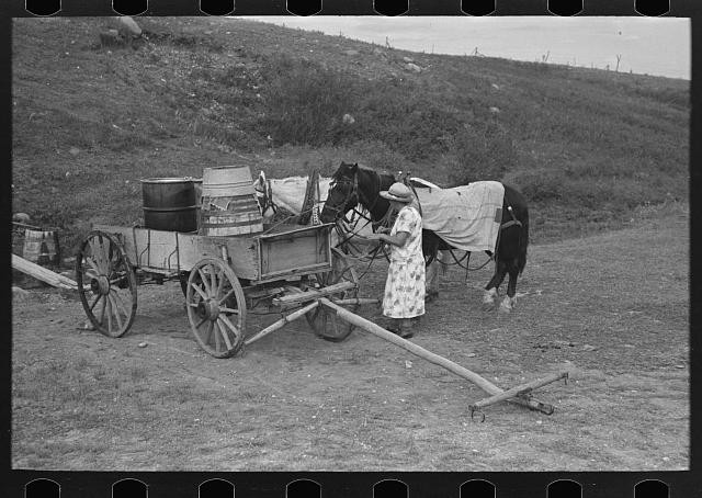 Photo:1930s Horse Drawn Wagon Woman Barrels Rural Scene