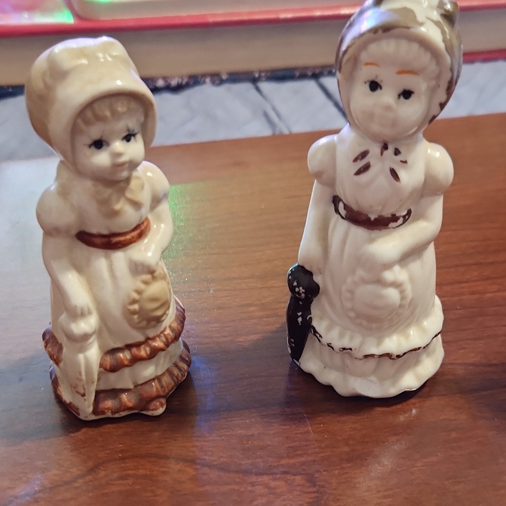 Ceramic Girl Figurine Salt & Pepper Shaker Set White Brown 2 Piece People Theme