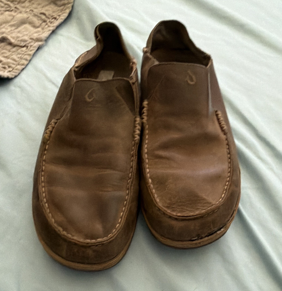 OluKai Men's Brown Leather Slip-On Loafers Round Toe Casual Shoes US 13 D