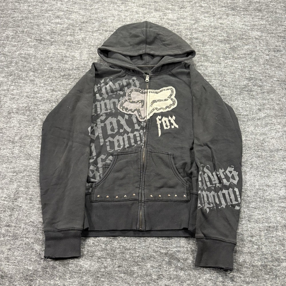 Y2K Fox Racing Zip Hoodie Womens M Black Studded Gothic Distressed Logo Grunge