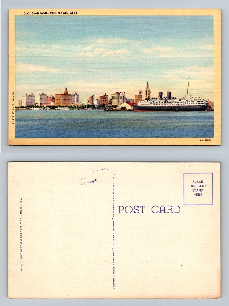 Miami, FL-Florida, Skyline Harbor Cruise Ship Waterfront View Vintage Postcard