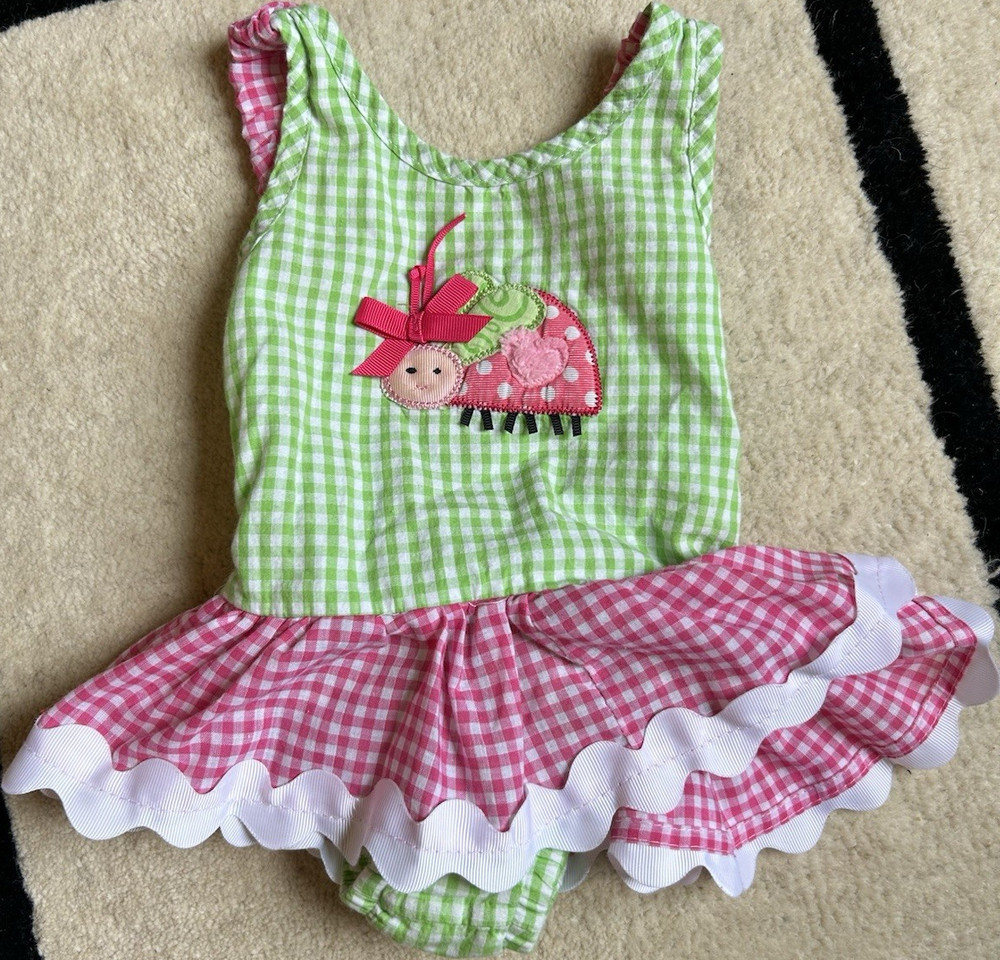 2000s Mud Pie Girls Smocked Ruffle One-Piece 12-18M Green Pink Gingham Ladybug