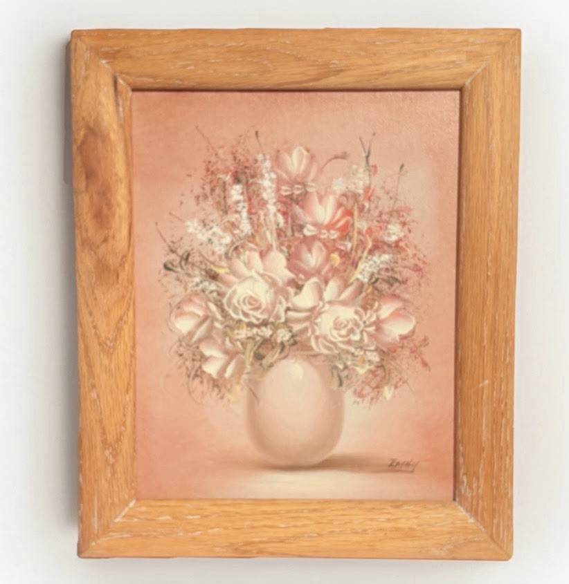 Vintage Emily Signed Floral Oil Painting Pink Flowers Still Life Framed 10x10