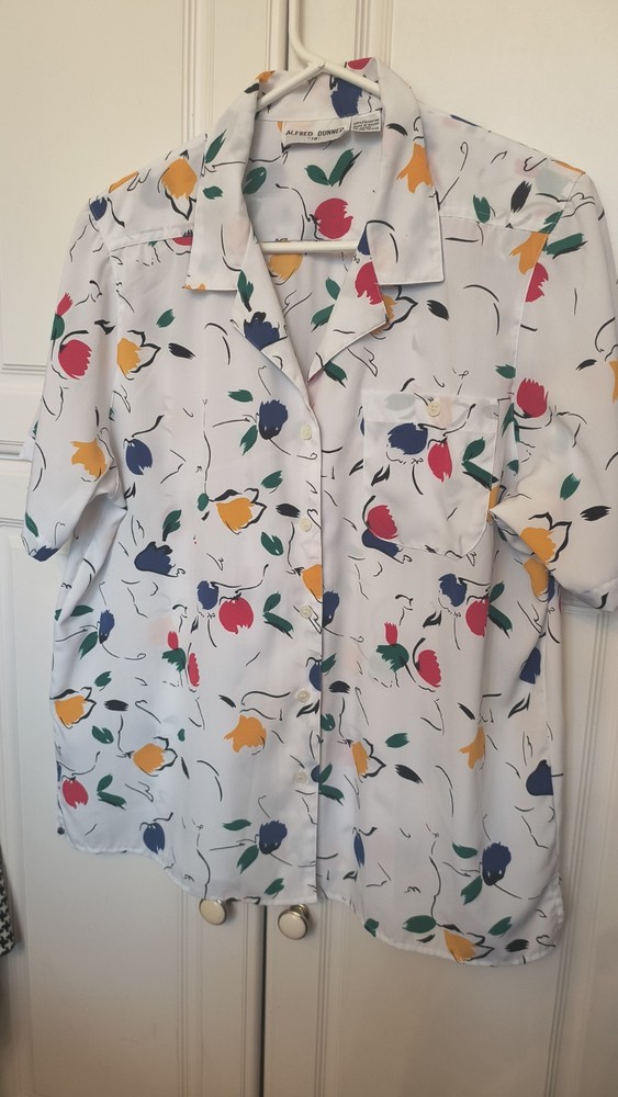 Alfred Dunner Womens White Floral Shirt Size 18 Short Sleeve Button Down (A2
