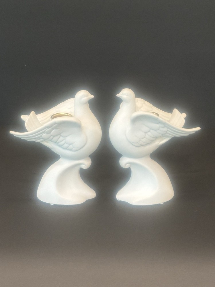 Pair Of White Porcelain Dove Bird Candlestick Holders Gold Cup