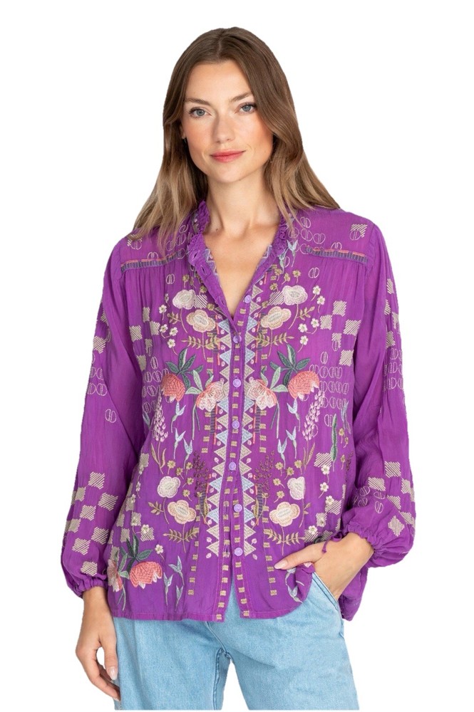 Johnny Was Shirt XL Blouse Tunic Embroidered Purple with Vibrant Florals Buttons