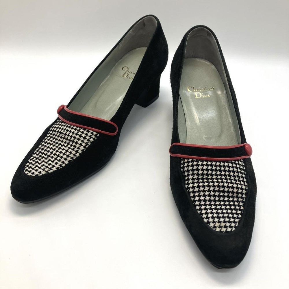 Christian Dior Black Houndstooth Suede Pumps Heel US 6 Authentic