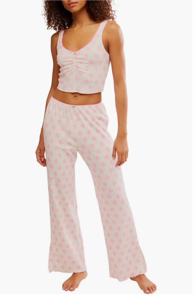 Free People Intimately Fresh in Love Pointelle Pajamas, Pink, Cream, NWT, Large