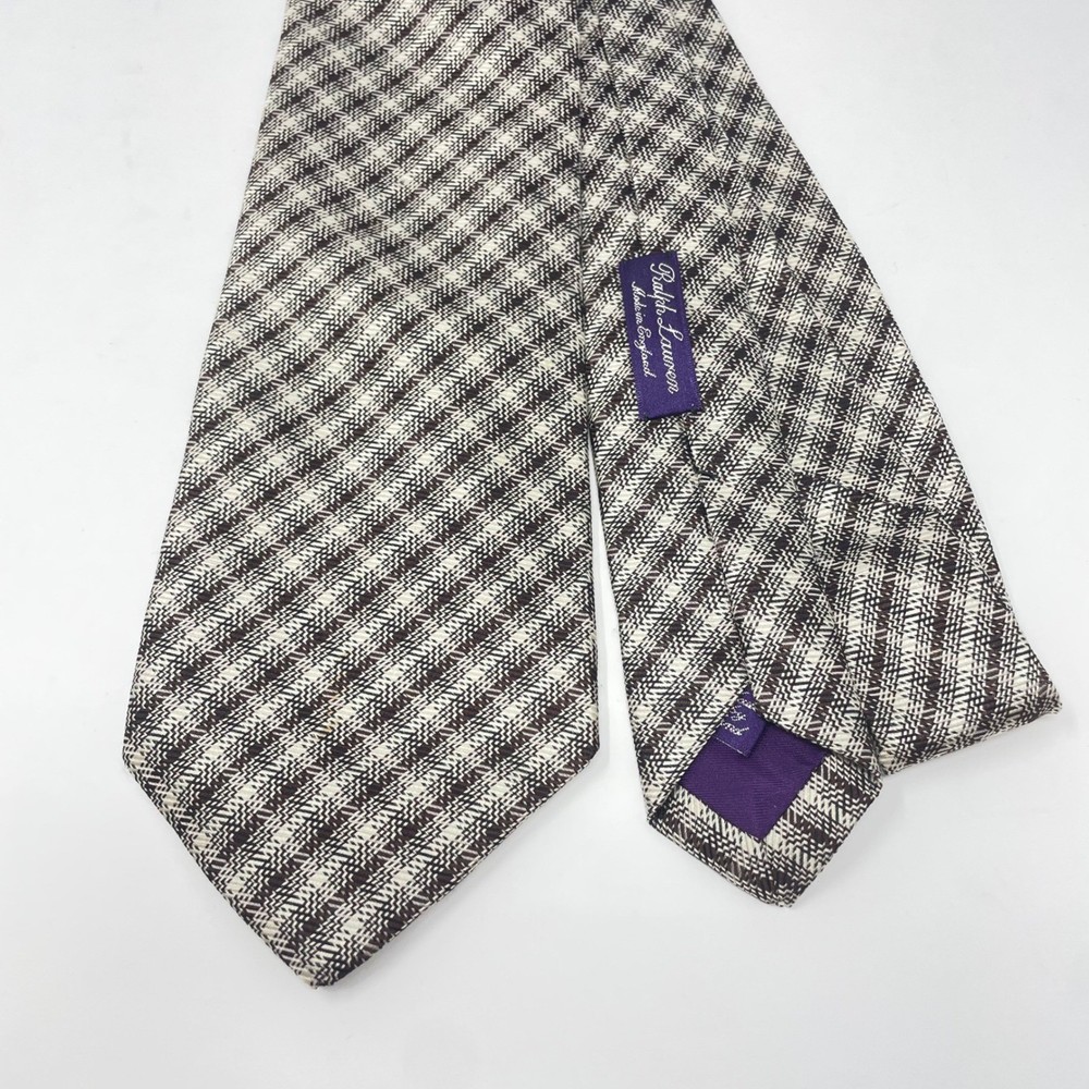 Ralph Lauren Purple Label Tie Mens Hand Made England Glen Plaid Brown Cream Silk