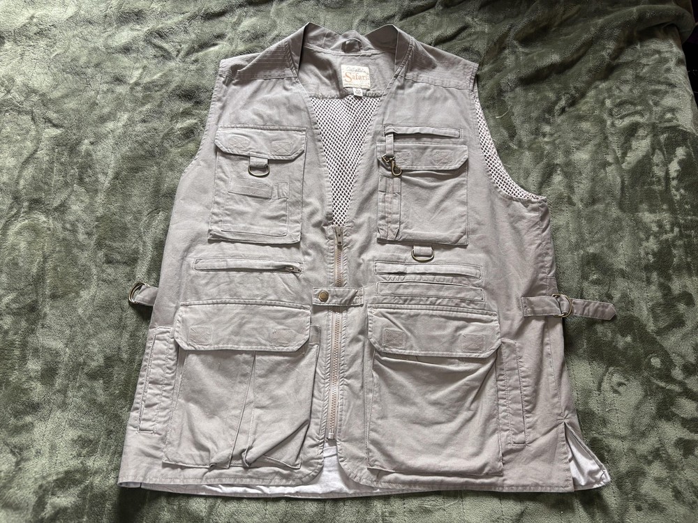 Cabela's Safari Vest Mens XL Beige Cotton Multi Pocket Travel Outdoor Fishing