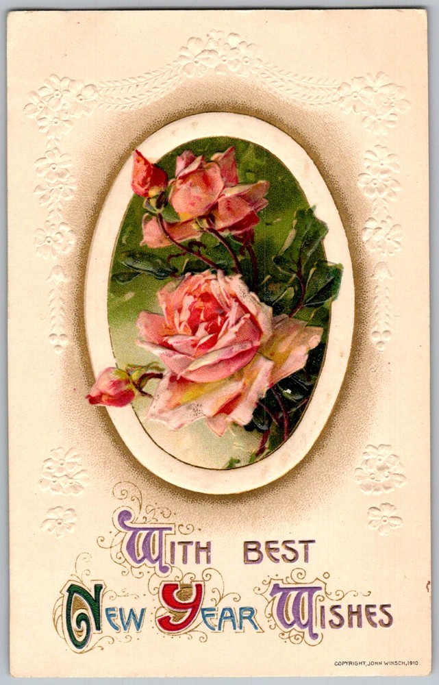 Antique Postcard New Year Roses Greeting 1910s