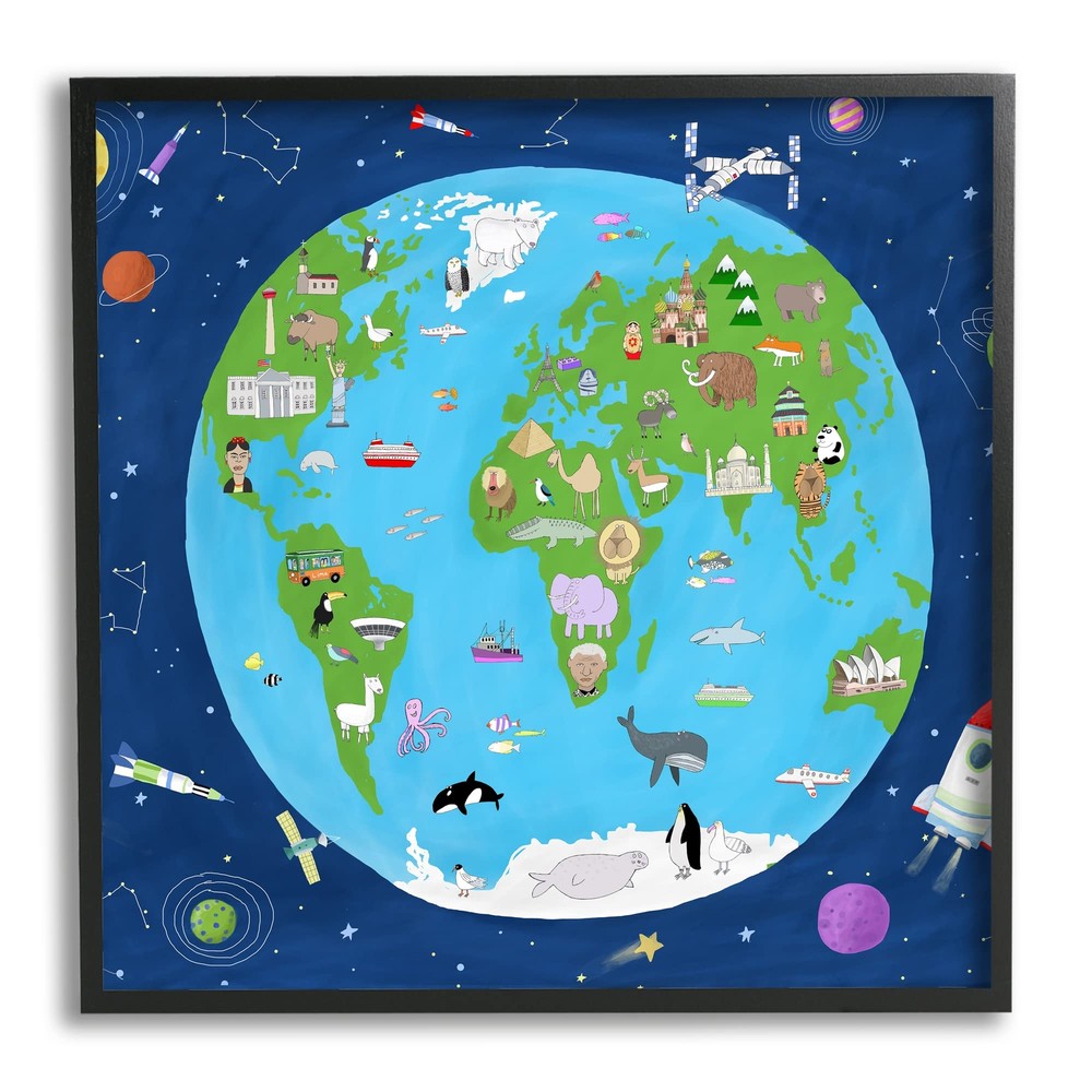 Children's Earth and Outer Space Map Animals Stars Black Framed Wall Art, 17 ...