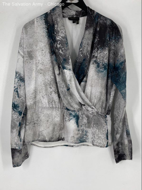 Donna Karan New York Womens Gray White Blue Long Sleeve Wrap Blouse Top Size M