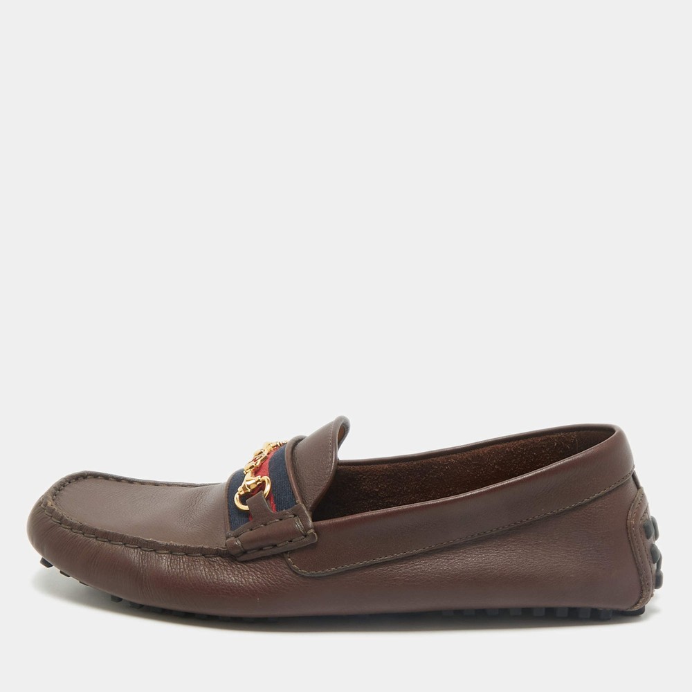 Gucci Dark Brown Leather GG Horsebit Web Detail Slip On Loafers Size 42