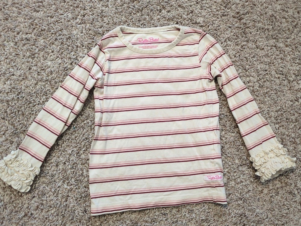 RuffleButts Toddler 3T Long Sleeve Striped Pink T Shirt Ruffle Sleeve Girls Top