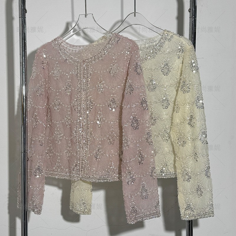 Fashion New Women's Long Sleeve Round Neck Cardigan Beaded Sequin Slim Fit Tops
