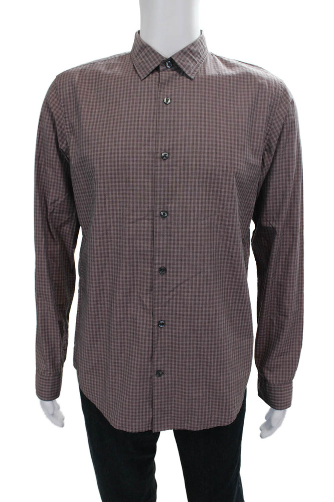 Vince Mens Cotton Collared Long Sleeve Geometric Print Button Down Brown Size MFree Shipping in US $100+ Orders | $6.95 Orders Below