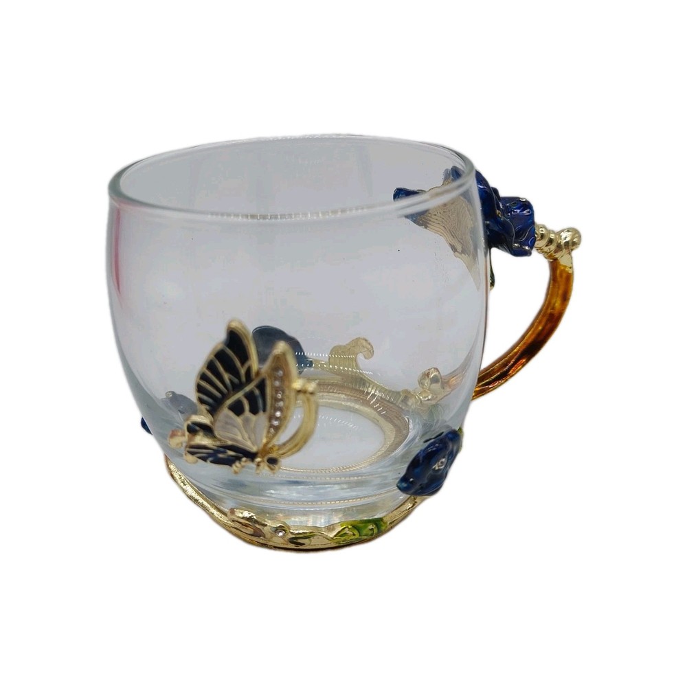 Glass Enamel Blue Roses Butterfly Rhinestones Coffee Tea Cup Mug Spoon