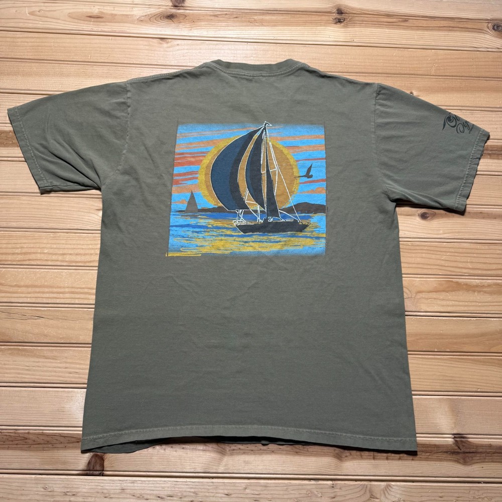 Vintage 90s Hawaii Sailboat Beach Surf Olive Dyed Graphic Souvenir Shirt Medium