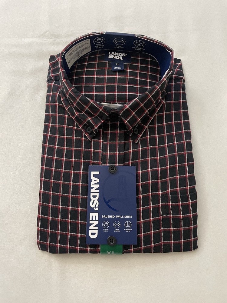 Lands End Flannel Shirt Mens XL Red Brushed Twill Lightweight Soft Casual
