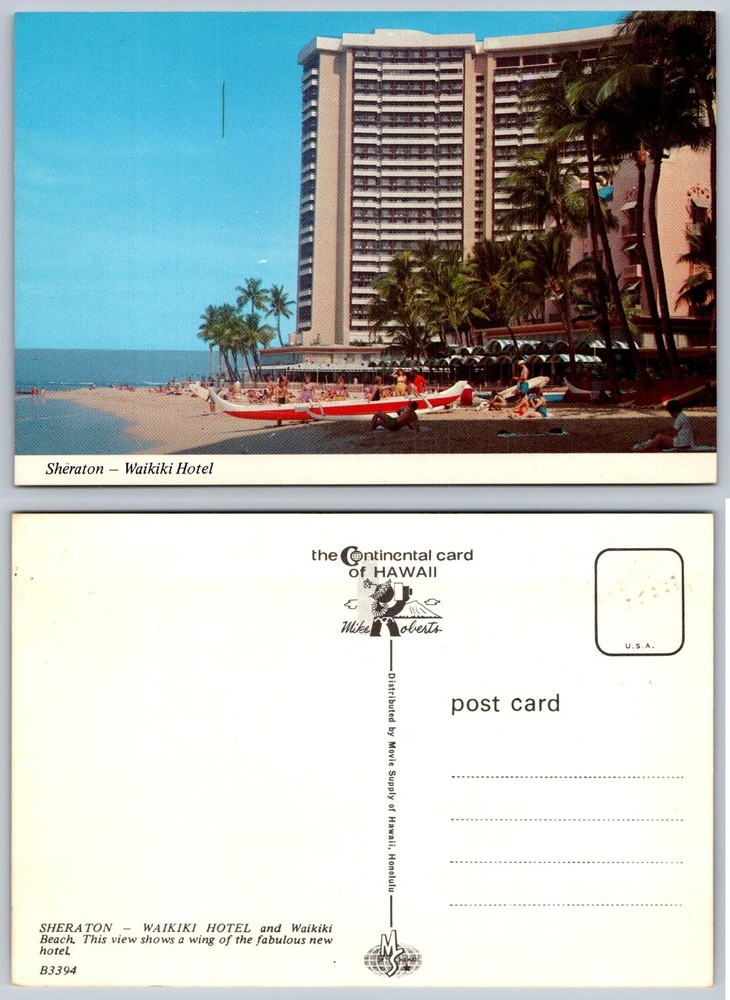 Sheraton Waikiki Hotel Hawaii Beach Palm Trees Outrigger Canoe Postcard B3394
